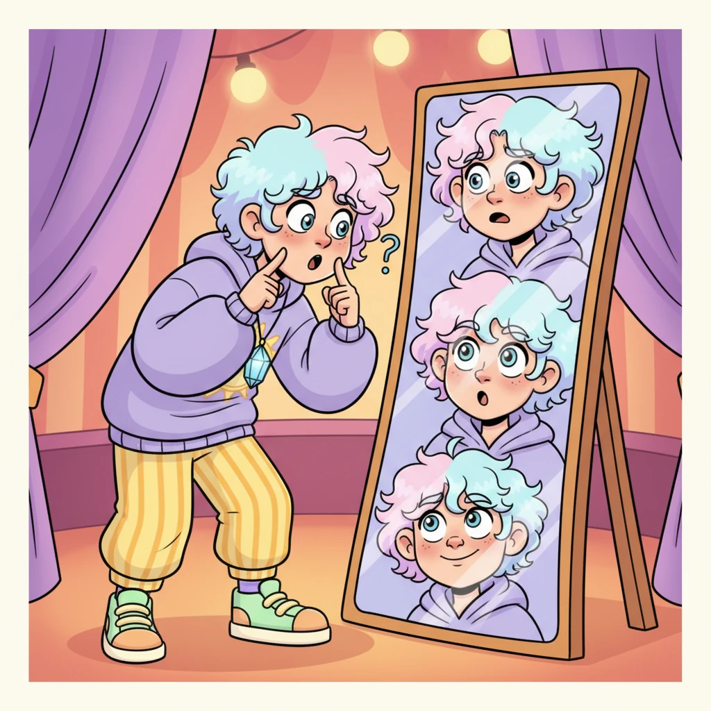 Staring intently at his reflection in a wavy, funhouse mirror, Yester pokes his own cheek and pulls exaggerated questioning faces. He wonders aloud, "Was I not straight all along?" The mirror reflects a series of confused, curious, and slightly amused expressions as he confronts his evolving feelings.