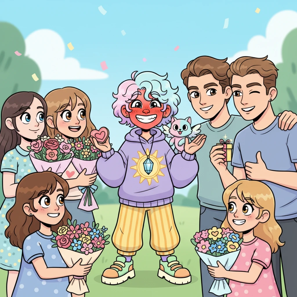 Yester is now surrounded by a cheerful, lively crowd, a vibrant mix of eager admirers. On one side, girls offer him bouquets of oversized flowers and heart-shaped cookies, their eyes sparkling. On the other, handsome men lean in with playful winks and charming compliments, creating a delightful flurry of attention around him. Yester stands in the middle, blushing but undeniably happy, a wide, goofy smile on his face.