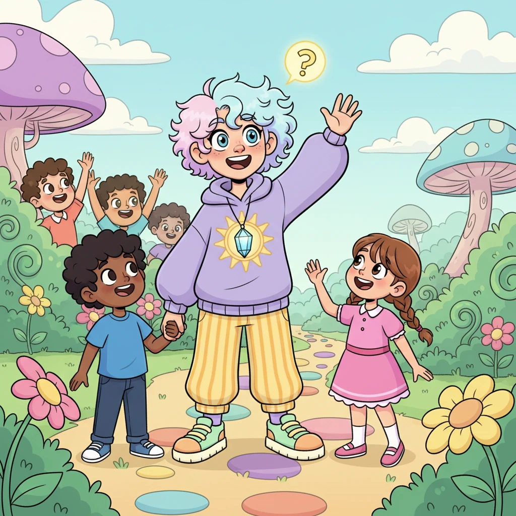 Yester strolls through a fantastical park, holding hands with a smiling girl on one side and a handsome boy on the other, both looking adoringly at him. Other admirers wave from nearby, and he waves back with a joyous, slightly bewildered grin. A small, happy question mark still floats above his head, signifying his delightful, ongoing journey of self-discovery in this wonderfully complicated world.