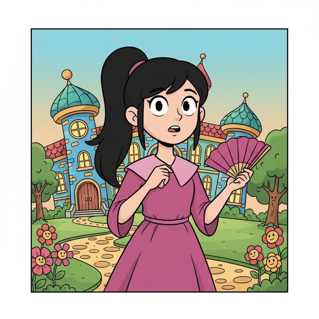 Ophelia Meredith, com seus longos cabelos negros presos em um rabo de cavalo e franja de lado, observava a nova escola com uma mistura de ansiedade e curiosidade. Ela ajeitou a gola do seu vestido magenta desbotado, sentindo o tecido macio contra a pele. Seu fiel leque da mesma cor estava em sua mão, pronto para ser usado se o nervosismo a dominasse.