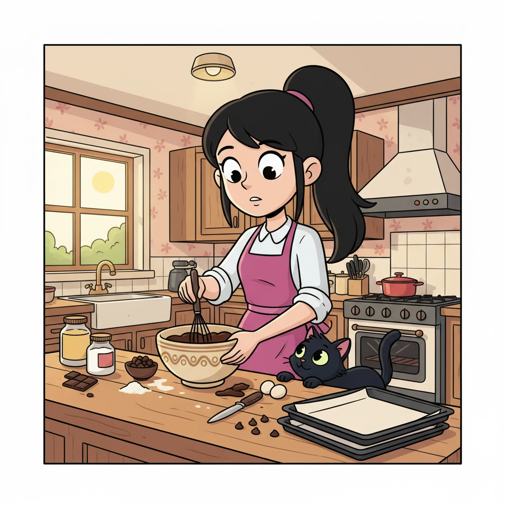 Na cozinha de sua casa, Ophelia estava focada em sua missão: assar os melhores brownies para compartilhar com seus novos colegas. A receita, guardada a sete chaves, era um segredo de família. Chanin, seu gatinho preto, observava a cena, esfregando-se nas pernas da jovem.