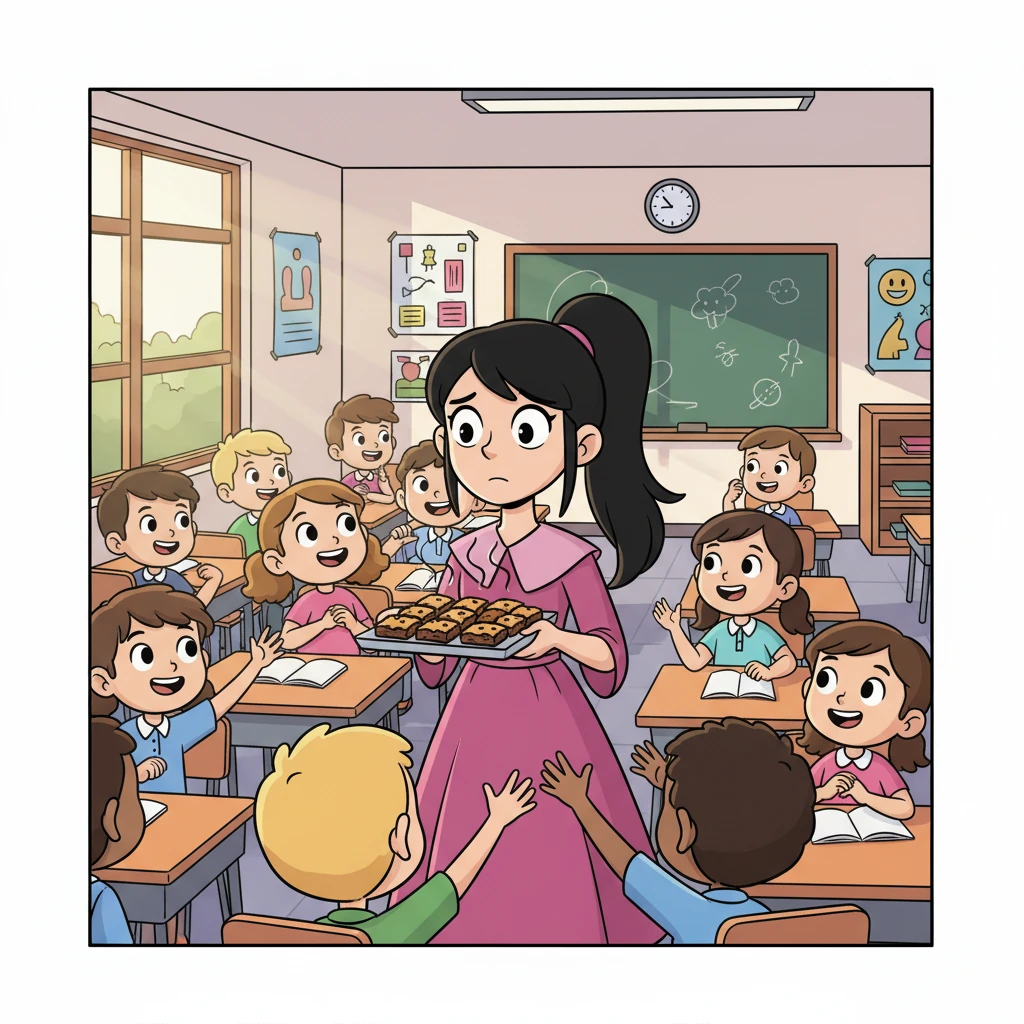 A sala de aula era um mar de rostos desconhecidos, mas Ophelia respirou fundo e apresentou os brownies. Ela hesitava, mas a doçura do aroma parecia acalmar seus medos. Os olhares curiosos se transformaram em sorrisos, e a timidez de Ophelia começou a se dissipar.