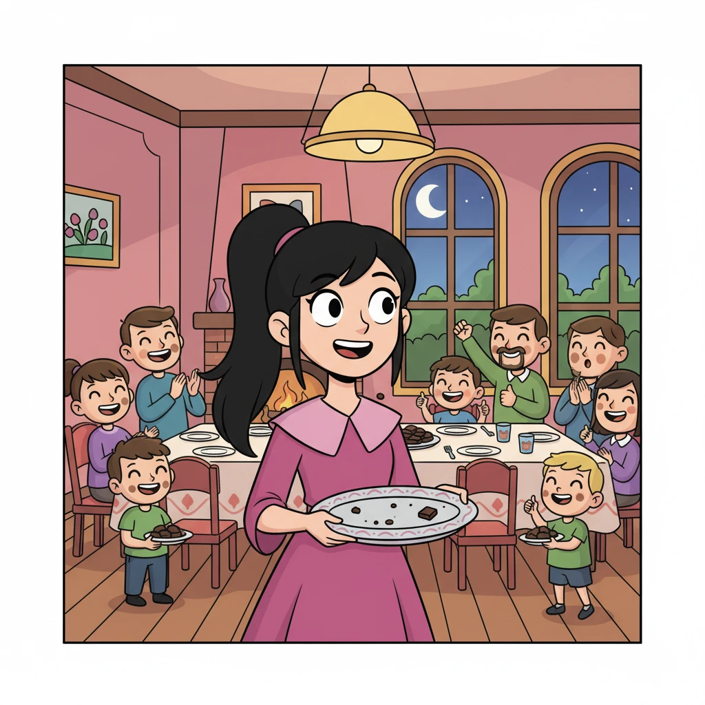 Os brownies foram um sucesso! Risadas e elogios encheram a sala, e Ophelia sentiu um calor no peito que nunca havia sentido antes. A travessa, antes cheia, agora estava completamente vazia, e ela percebeu que havia algo especial em compartilhar.