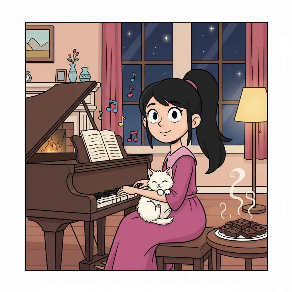 À noite, Ophelia sentou-se ao piano de cauda, com Chanin aninhado em seu colo. A melodia suave ecoava pela casa, misturando-se com a lembrança dos sorrisos e da alegria do dia. A música era sua linguagem, e os brownies, sua forma de dizer 'olá'.