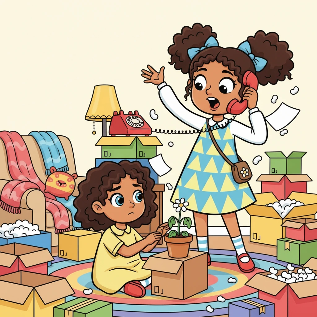 Jo sat amidst a colorful jumble of packing boxes, her thoughtful gaze fixed on a small, wilting potted plant. In the background, her mother, Helen, a whirlwind of bright patterns and animated gestures, chatted loudly on a vintage rotary phone, oblivious to Jo's quiet contemplation. Jo felt a familiar, tiny pang of loneliness in the bustling, temporary space.