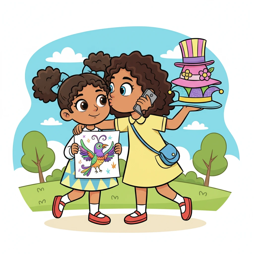 Jo approached Helen, holding up a vibrant, fanciful drawing of a fantastical bird. Helen, mid-conversation and juggling a stack of hats, gave Jo a swift, one-armed hug and a quick kiss on the forehead, her attention already drifting back to her phone call. The drawing remained unnoticed, clutched gently in Jo's hand.