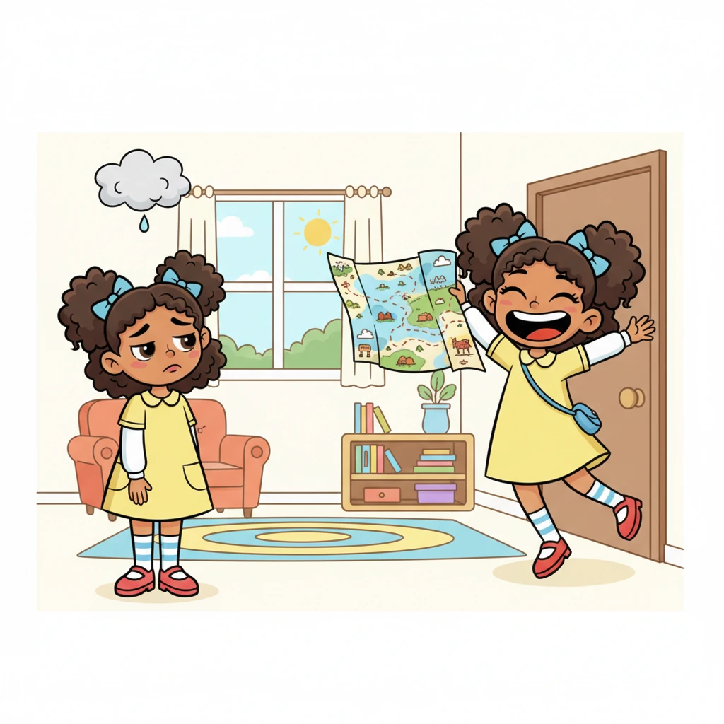 Helen burst into the room with a dramatic flourish, waving a large, brightly colored map like a flag. With an exaggerated grin, she announced their next grand adventure, another move to a brand new city. Jo's shoulders slumped visibly, a tiny, cartoon cloud of disappointment appearing comically above her head.