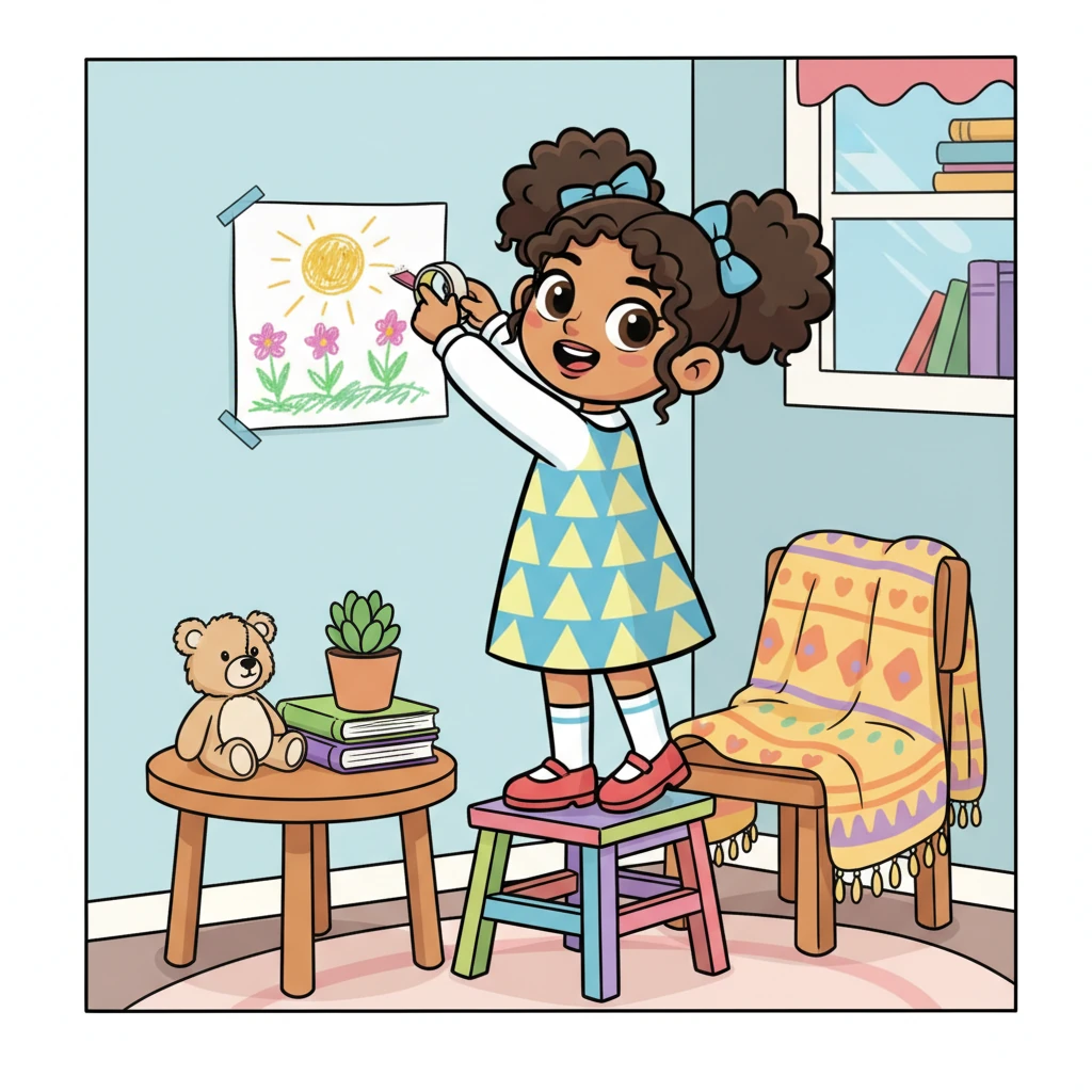 Determined to make this new place her own, Jo began transforming a small nook in her room. She hung her colorful drawings on the wall, draped a cozy blanket over a chair, and arranged her few cherished possessions, creating a vibrant, personal sanctuary amidst the unfamiliar.
