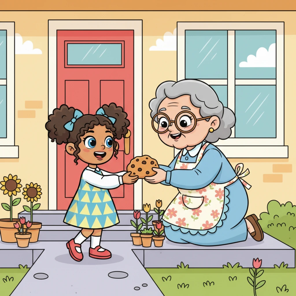 One sunny afternoon, Jo met Mrs. Higgins, a kind, rosy-cheeked neighbor with spectacles perched on her nose, tending a miniature garden on her stoop. Mrs. Higgins offered Jo a warm, homemade cookie and a gentle smile, a simple moment of genuine connection that felt as sweet as honey.