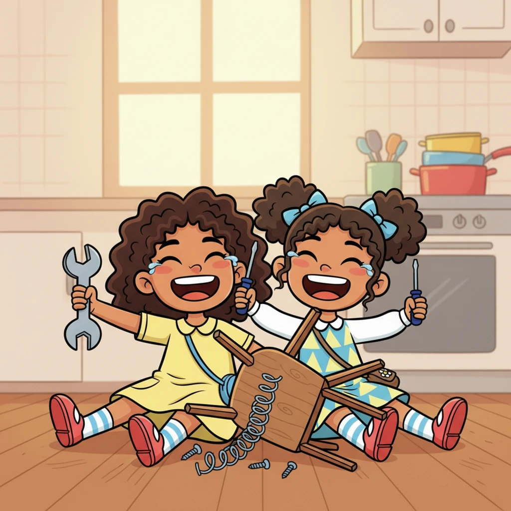 One evening, while trying to fix a wobbly kitchen chair, Jo and Helen found themselves tangled in a hilarious struggle with tools and springs. They collapsed into a fit of giggles, their shared laughter echoing through the apartment, a rare and cherished moment of lighthearted unity.