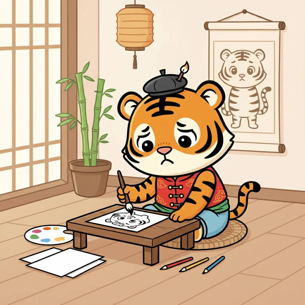 小虎聚精会神地盯着画纸,努力地模仿老虎妈妈的笔触。可是,他画出的老虎,怎么看都像一只圆滚滚的猫咪。小虎沮丧地叹了口气,心想:难道我真的画不好老虎吗?
