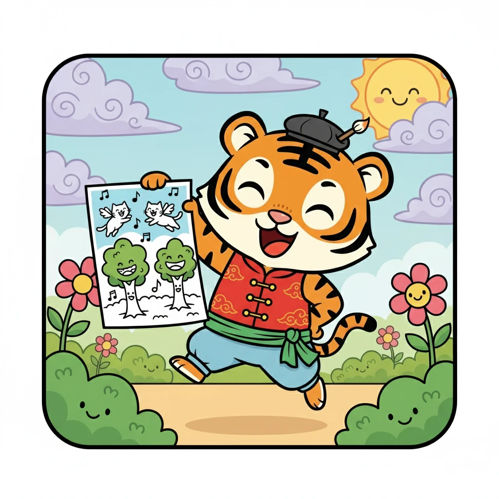 最后,小虎画了一幅充满想象力的画作,画里有会飞的猫咪,会唱歌的树木。虽然不是老虎,却充满了童真和创意。小虎开心地笑了,他终于找到了属于自己的绘画方式。
