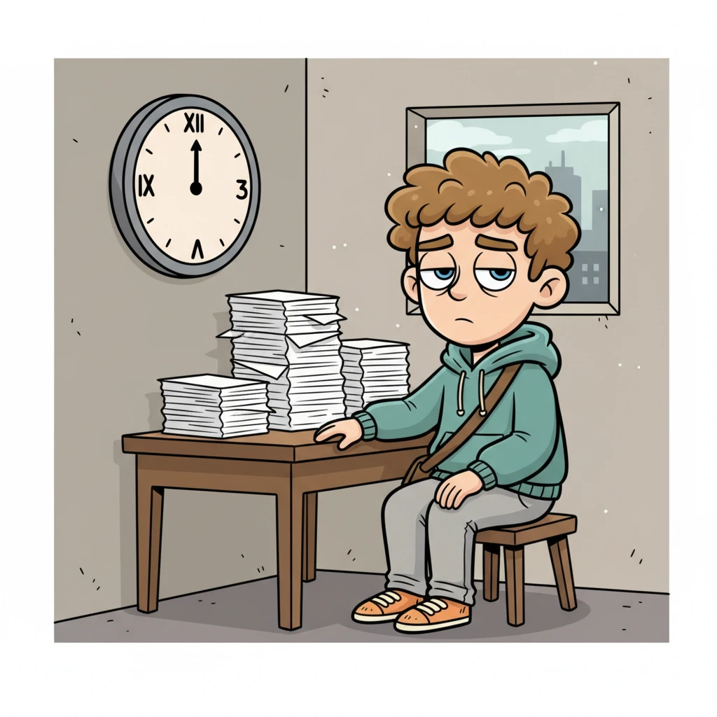 Arthur sat at his small desk, staring at a mountain of paperwork in his cramped city apartment. The clock ticked slowly, each second feeling heavier than the last, reflecting the dull grey of his everyday routine. His expression was a masterpiece of boredom, a sigh always ready to escape his lips.