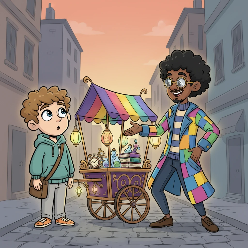 Suddenly, a splash of vibrant color caught his eye amidst the muted city backdrop. A peculiar, brightly dressed stranger with a twinkling smile stood beside a small, ornate cart, unlike anything Arthur had ever seen. The stranger seemed to glow with an inner light, radiating an aura of playful mystery.