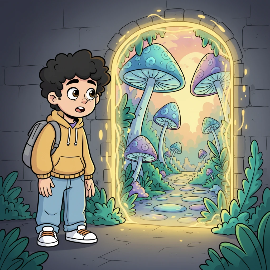 The wall opposite him began to ripple and shimmer, transforming into a vibrant, living landscape of towering, glowing mushrooms and lush, fantastical foliage. It pulsed with an inviting light, a clear path into an unknown realm. Arthur stared, utterly captivated.