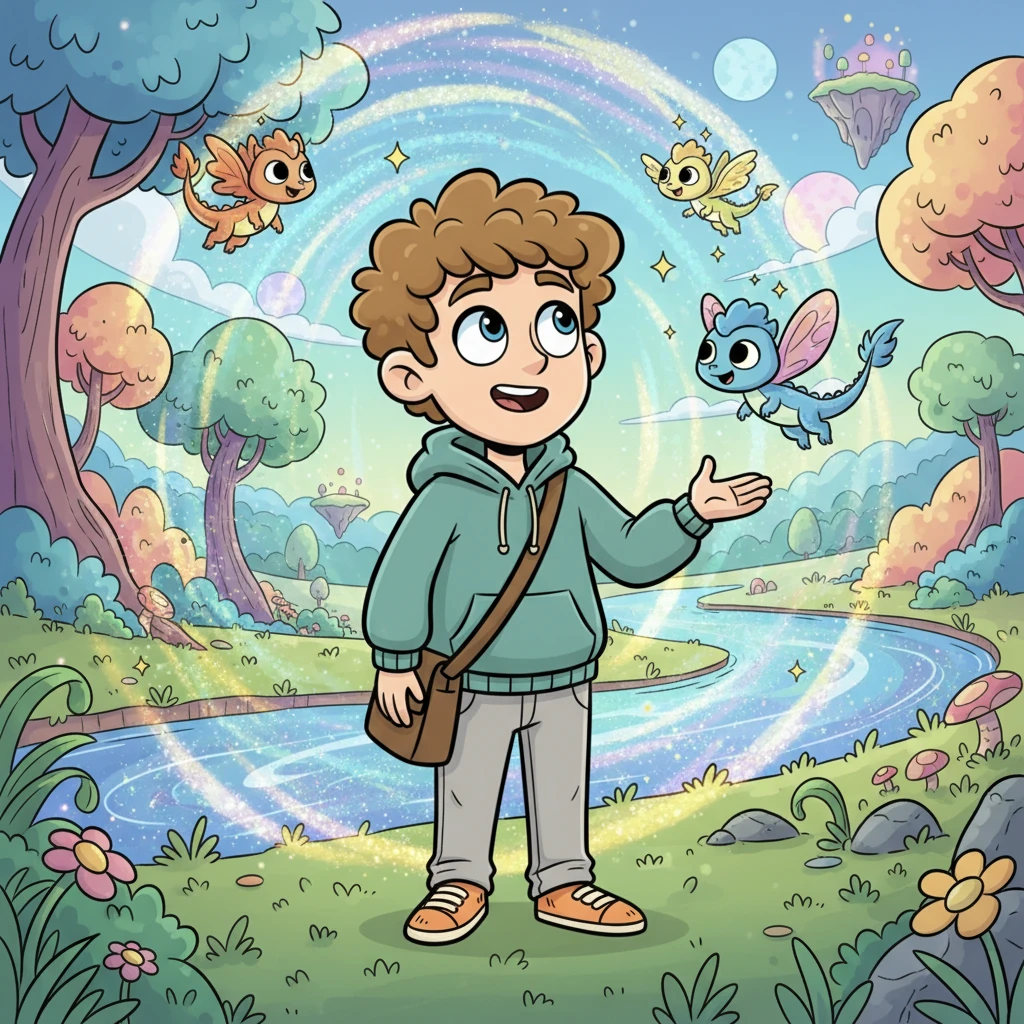 With a gulp and a burst of courage, Arthur stepped through the shimmering portal. He found himself in a world bursting with color, where friendly, winged creatures fluttered past and rivers of sparkling stardust flowed gently. His eyes widened in pure, unadulterated wonder.
