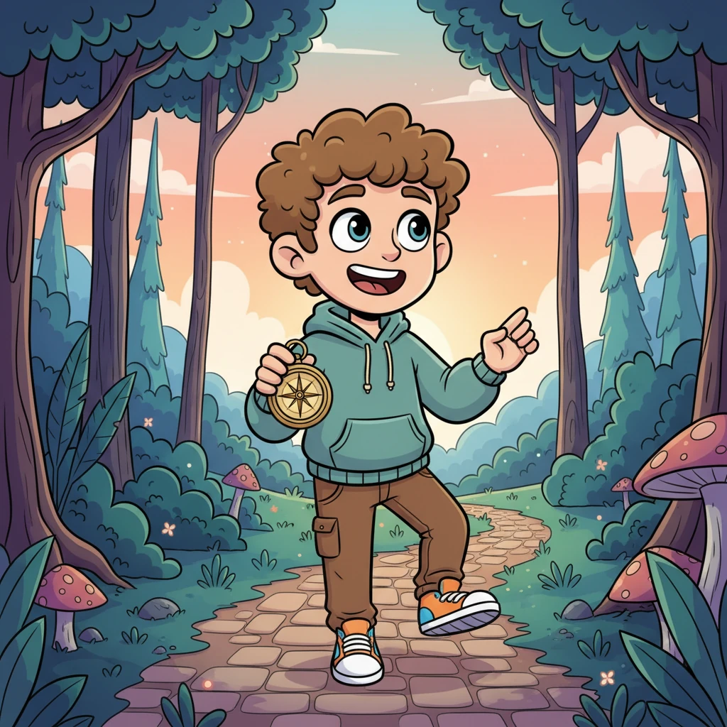 Now, clad in comfortable, adventurous clothes, Arthur walked with a spring in his step, following a winding path deeper into the magical world. The compass, a trusted guide, pointed him towards new horizons, a wide, excited grin plastered across his face. His adventure had just begun.