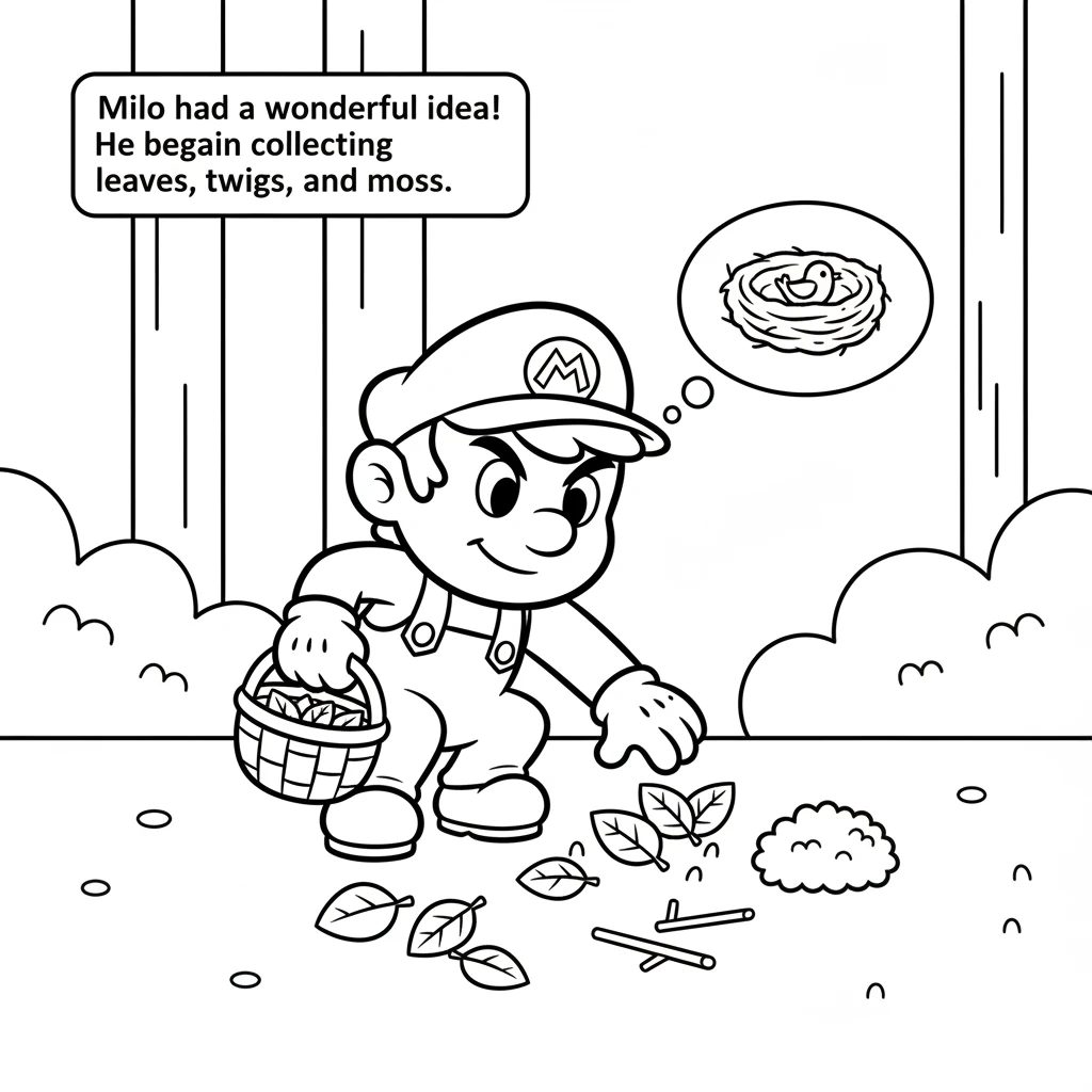 Milo felt a little pang of sadness for the bird. Then, a wonderful idea sparked in his mind! He quickly grabbed his basket and began collecting soft l