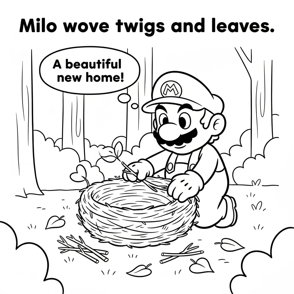 With gentle hands, Milo carefully wove the twigs and leaves together. He shaped them into a perfect, round nest, soft and warm inside. It was a beauti
