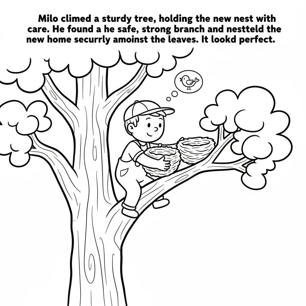 Milo climbed a sturdy tree, holding the new nest with care. He found a safe, strong branch and nestled the new home securely amongst the leaves. It lo