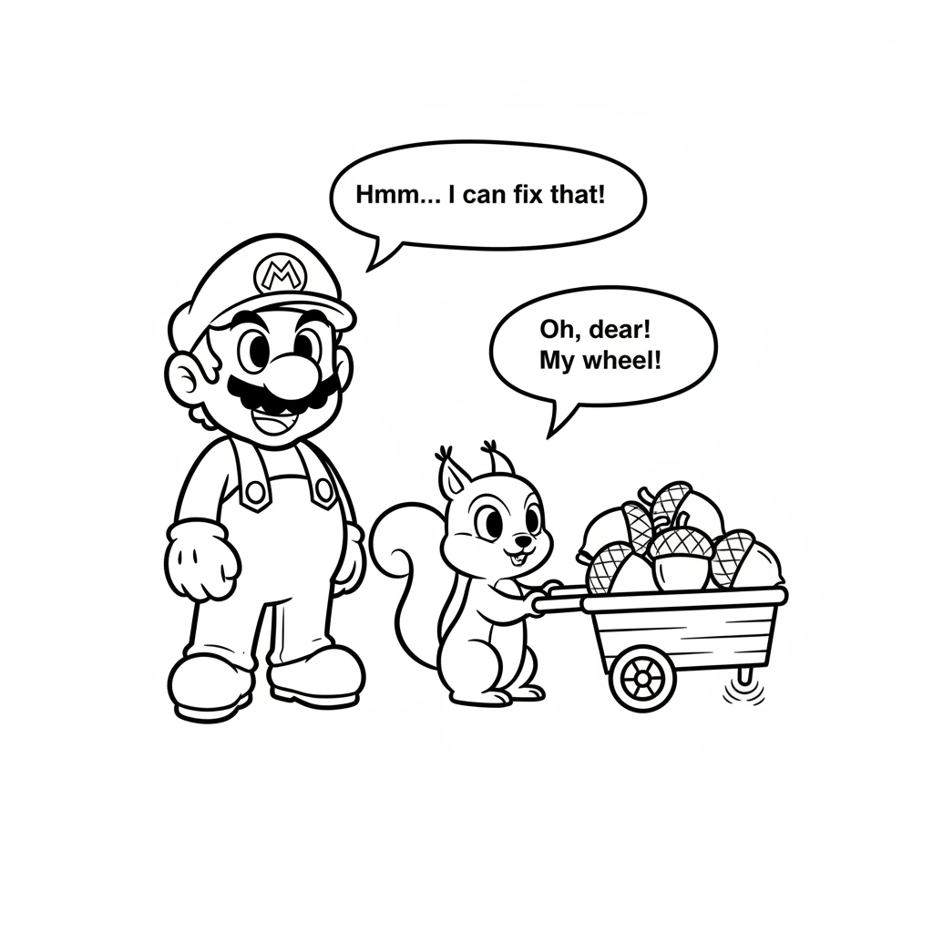 Other forest friends had watched Milo's kindness. A squirrel, pushing a wobbly acorn cart, looked at Milo with hopeful eyes. Its wheel was loose and a