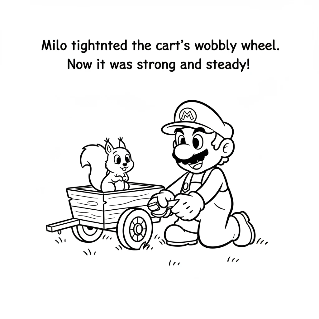 Milo noticed the squirrel's trouble right away. He took out a small wrench from his pocket and gently tightened the cart's wobbly wheel. Now it was st