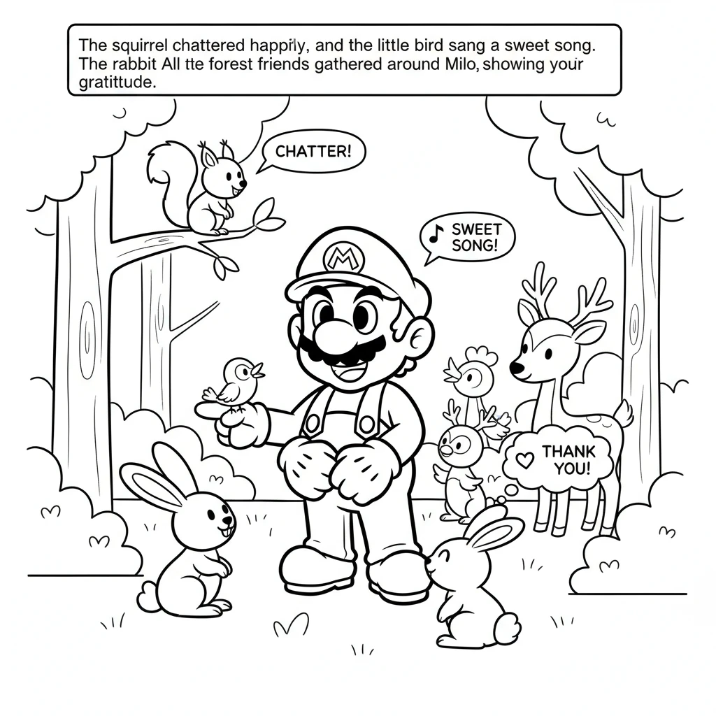 The squirrel chattered happily, and the little bird sang a sweet song. The rabbit wiggled its nose in thanks. All the forest friends gathered around M