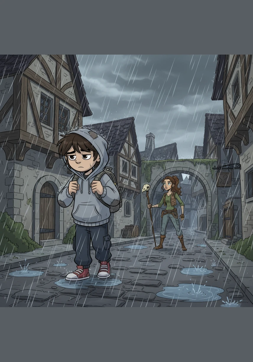 Leo walks through the cobblestone streets as a heavy downpour begins to soak the town. He holds a sturdy green umbrella, the only splash of color in the gray, misty afternoon.