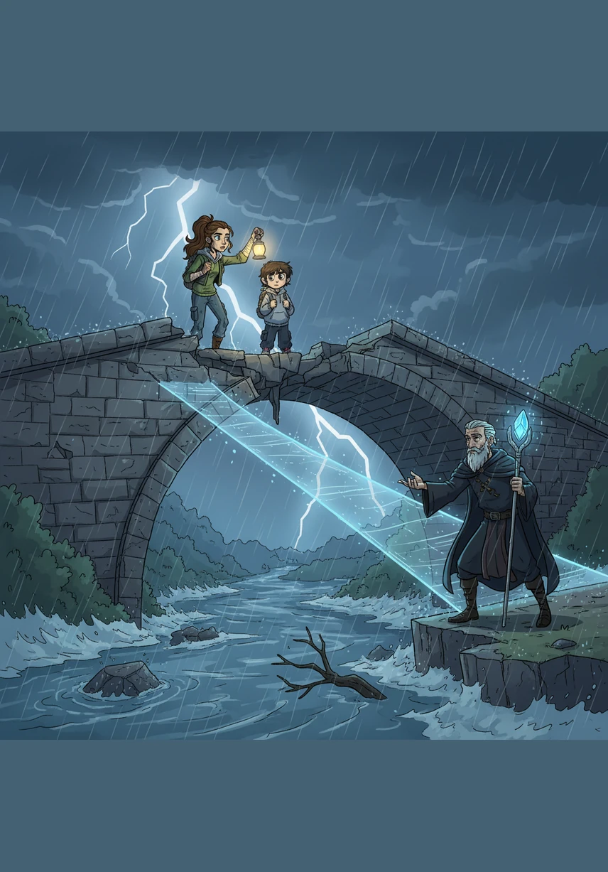Near a crumbling stone bridge, he spots a girl named Maya sitting on a bench, shivering without any protection from the storm. Her eyes are wide and filled with tears, making Leo stop in his tracks to offer his help.