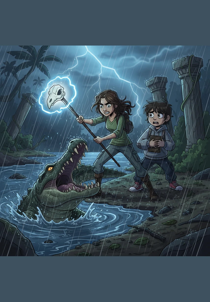 The rain intensifies, turning the riverbank into a slippery mess of mud and tangled reeds. Leo ignores the cold water soaking his boots as he searches tirelessly while Maya points toward the deepest shadows near the water's edge.