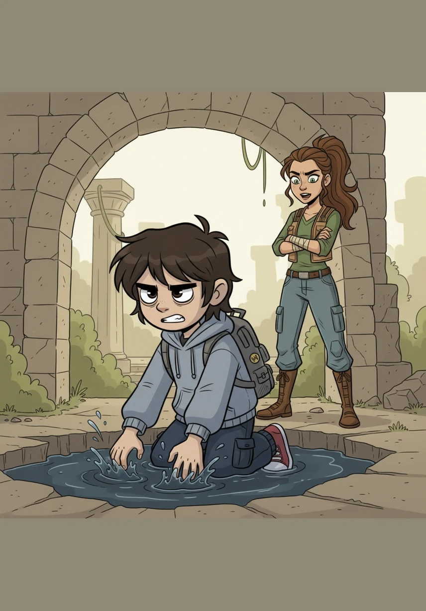 Maya watches from the dry safety of a nearby stone archway as Leo plunges his hands into the freezing, murky water. She calls out encouraging words, but her gaze is sharp and calculating rather than truly grateful.