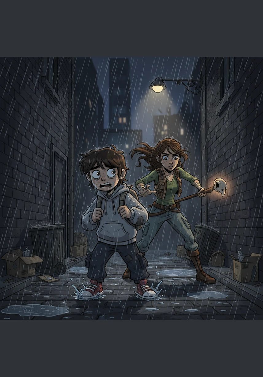 Without a single word of thanks, Maya tucks the locket into her pocket and slips away into a dark, narrow alleyway. Leo calls out to her in confusion, but she vanishes like a ghost into the fog, leaving him standing alone in the torrential rain.