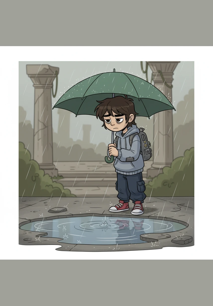 Leo stands under his green umbrella once more, looking at the ripples forming in a deep puddle. Though his heart is heavy with the sting of betrayal, he realizes that his capacity for loyalty is a strength that her deception can never truly take away.