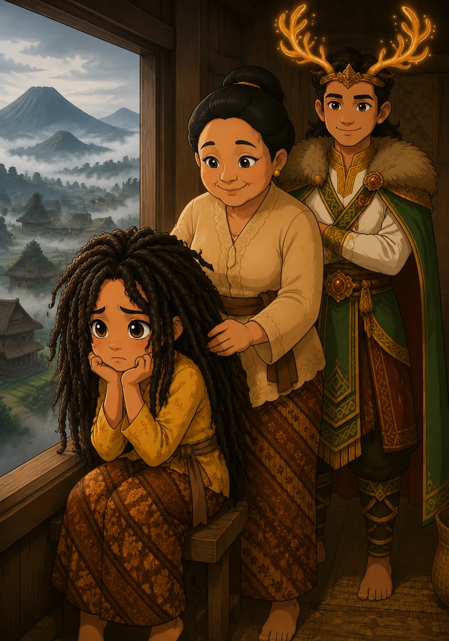 High in the misty Dieng plateau, young Sari sits by the window, her thick, matted dreadlocks flowing like tangled vines over her shoulders. While the mountain air is fresh and sweet, Sari feels a heavy weight in her heart because her hair is not like the other children’s.