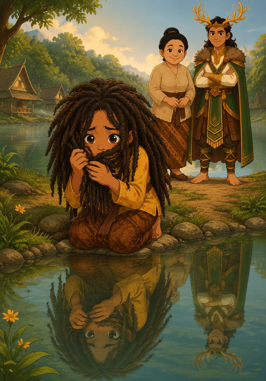 Every morning, Sari stares at her reflection in the still waters of the Telaga Warna lake, wishing her hair was smooth and straight. She feels like an outsider in her own village, hiding her face behind the thick locks that seem to have a life of their own.