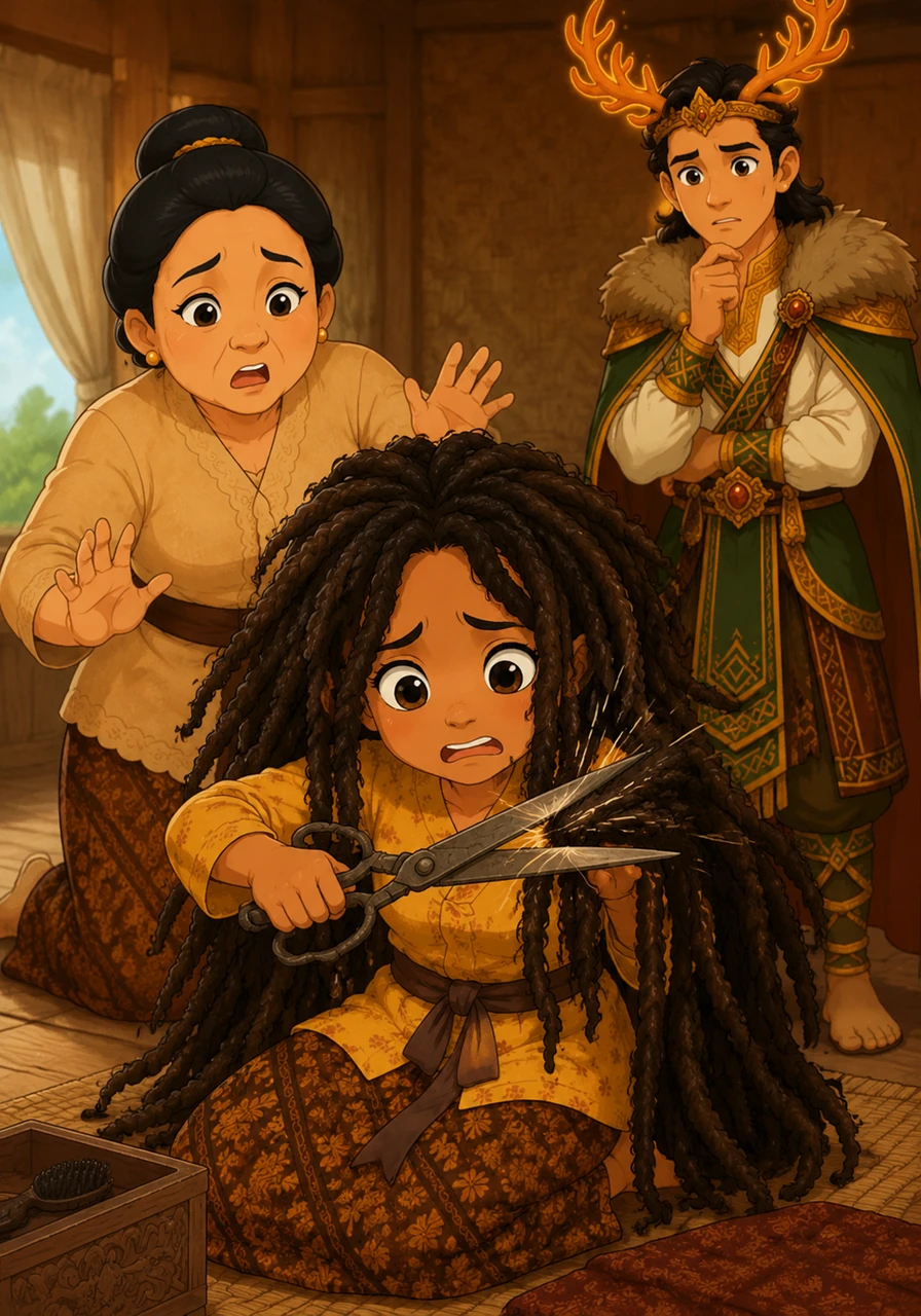 Driven by a moment of desperation, Sari grabs a pair of old iron scissors and tries to snip away the stubborn knots. To her shock, the blades slide right off the hair as if it were made of unbreakable silk, leaving not a single strand cut.