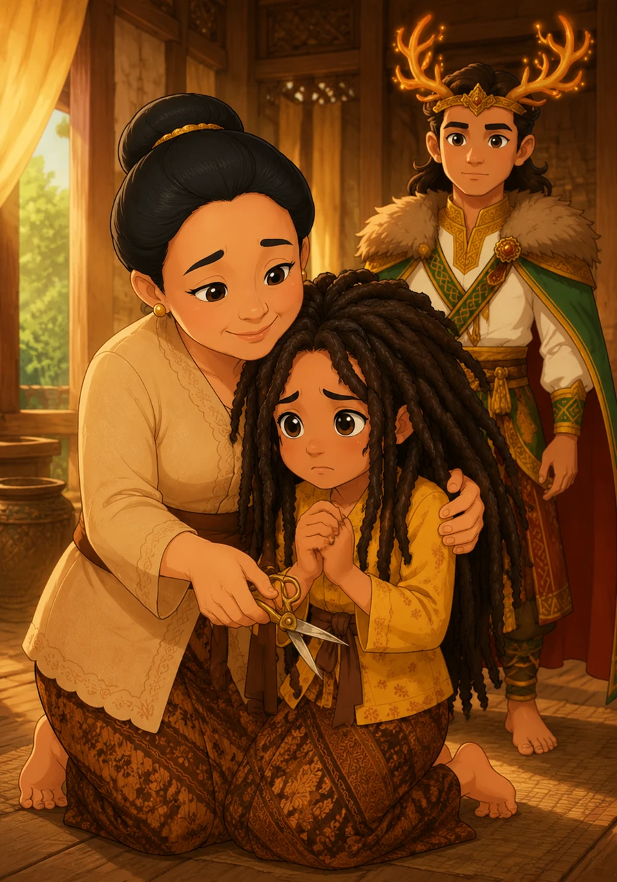 Her mother finds her trembling and gently takes the scissors away, pulling Sari into a warm, comforting embrace. She whispers that these locks are a sacred bond with the earth and that Sari must wait with a patient heart until the spirits are ready to release them.