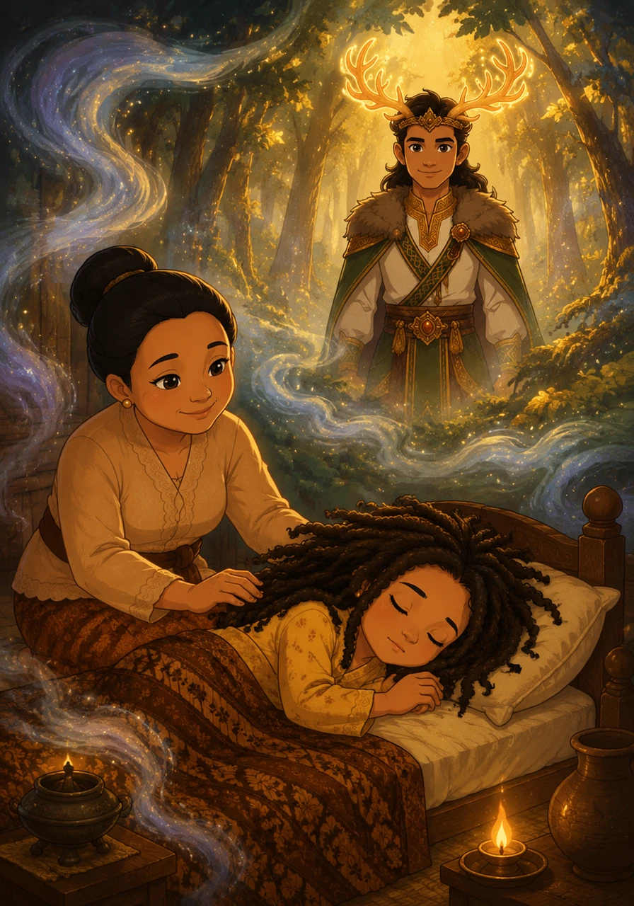 That night, a silver mist creeps into Sari’s room, carrying the scent of ancient incense and sulfur from the nearby craters. As she drifts into a deep sleep, the walls of her room seem to dissolve into a forest of golden light and shimmering shadows.