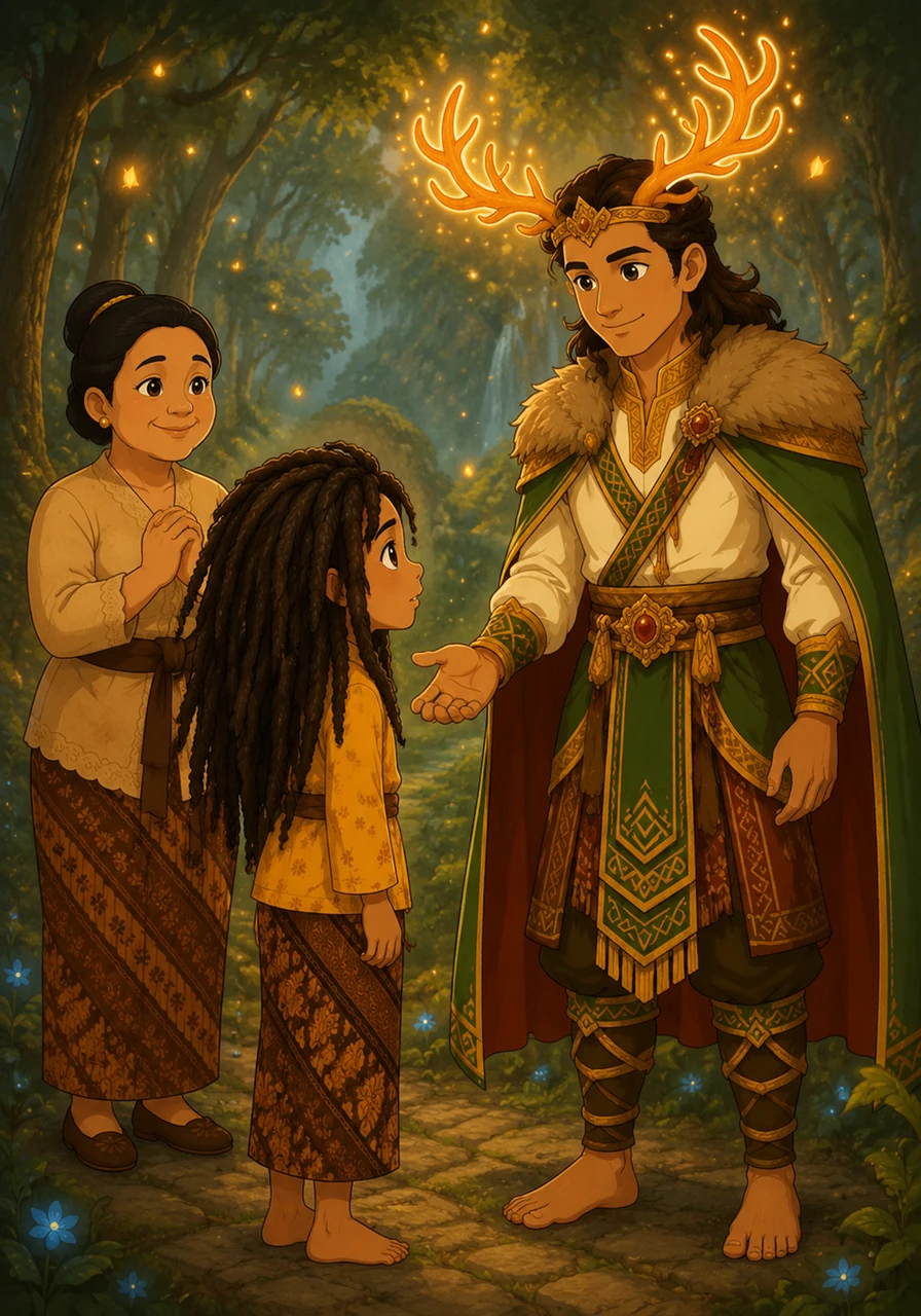 In the heart of the dream forest, Sari meets a noble young man with gentle eyes and a crown of antlers that glow like embers. This is the spirit of Prince Kidang Garungan, the guardian of the highlands, who approaches her with a kind and knowing smile.