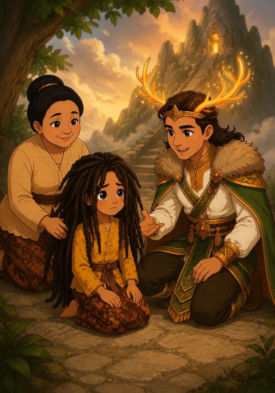 The Prince kneels beside her and explains that her hair is not a curse, but a sign that she has been chosen by the mountain spirits. He tells her that only those with a pure soul carry the gimbal locks, which act as a bridge between the physical world and the divine.