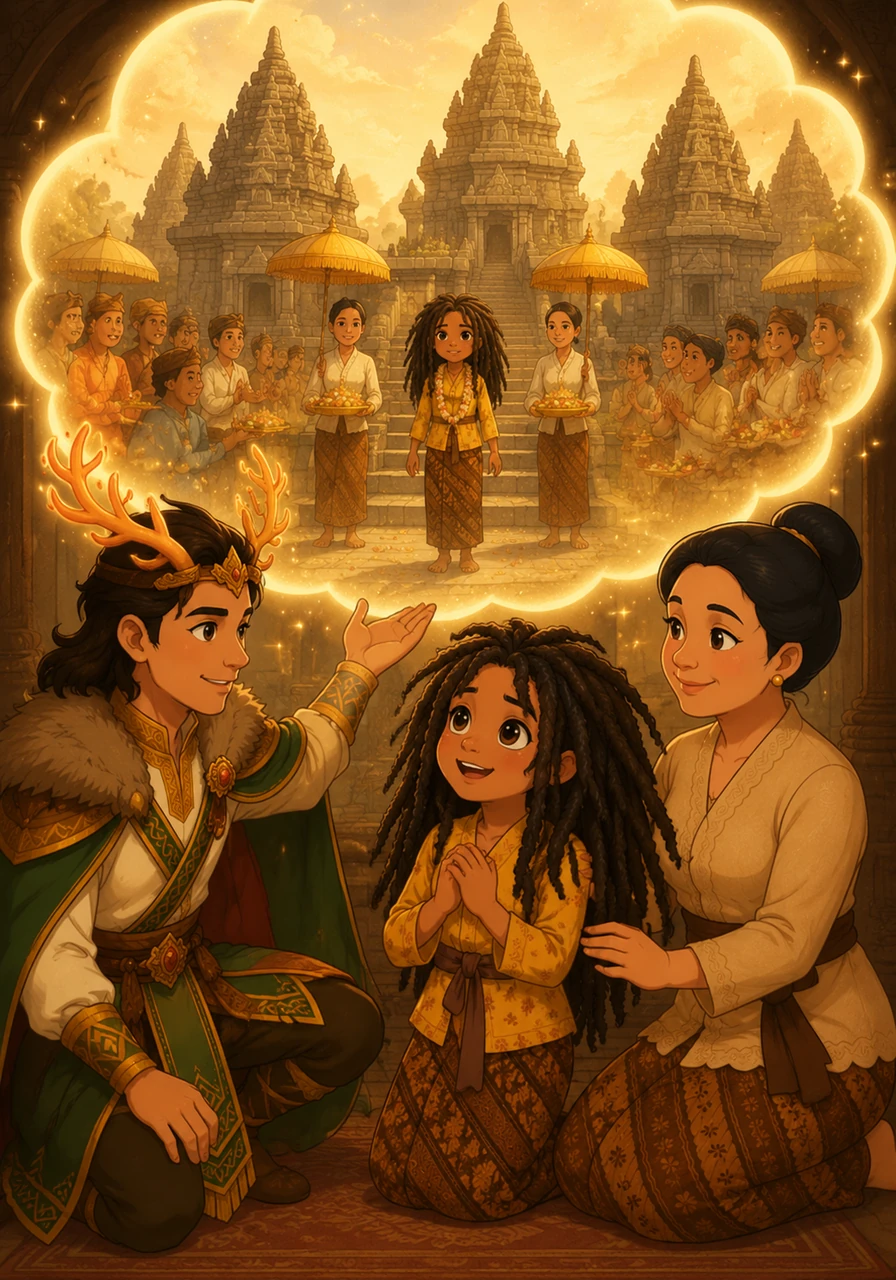 He shows her a vision of the ancient stone temples where, for centuries, children like her have been honored as bringers of luck and prosperity. Sari sees the beauty in the tradition, realizing that her hair is a living piece of her ancestors' history and a mark of true distinction.