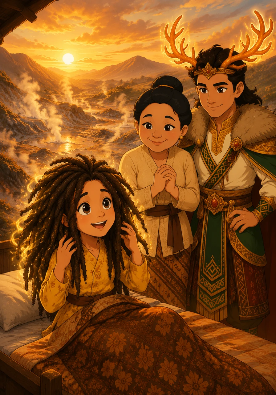 When Sari wakes up, the morning sun is painting the Sikidang Crater in hues of orange and gold, and her hair no longer feels like a burden. She feels a strange, buzzing energy in her locks, a warmth that reminds her she is never truly alone in the mountains.