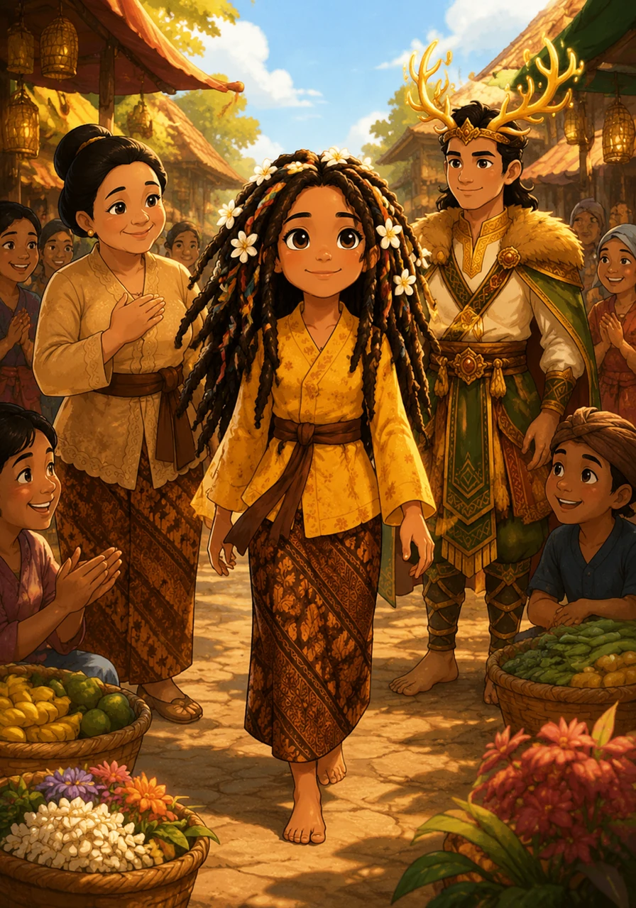 Sari walks through the village market with her head held high, her dreadlocks decorated with bright jasmine flowers and colorful ribbons. She finally understands that being different is what makes her special, and she wears her heritage like a royal crown for all to see.