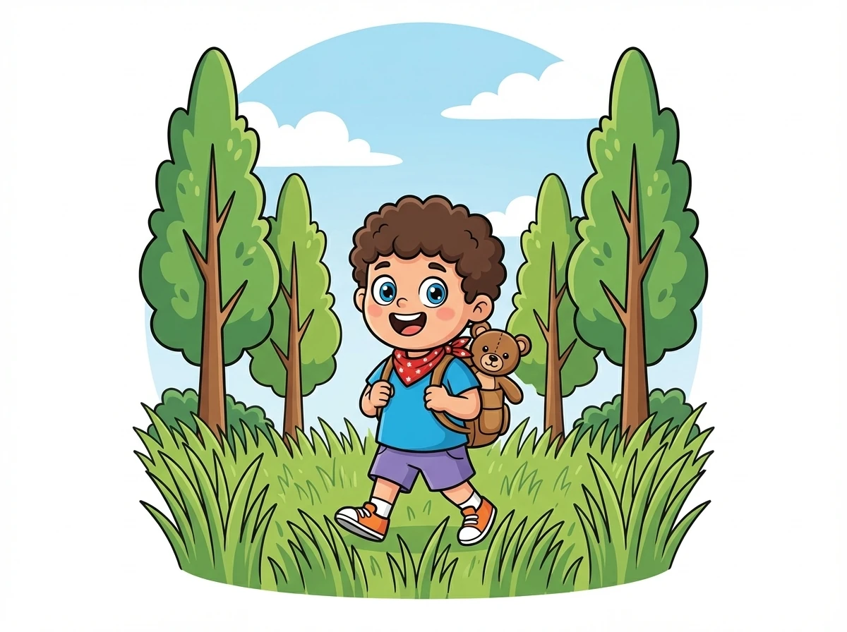 Timmy packed his tiny bag and started his trip. He traveled past tall trees and through tickly grass.