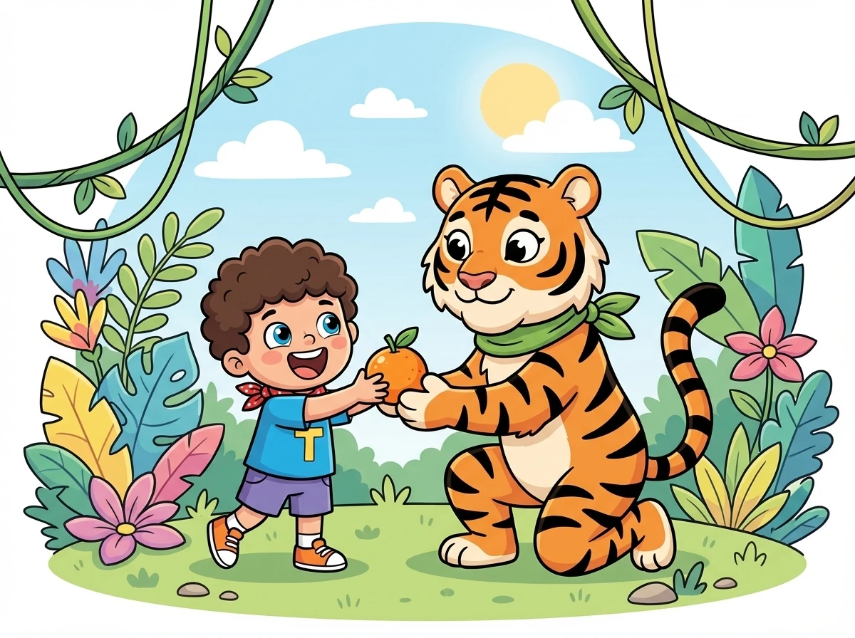 He met a friendly tiger named Tess. Tess offered Timmy a tasty tangerine.
