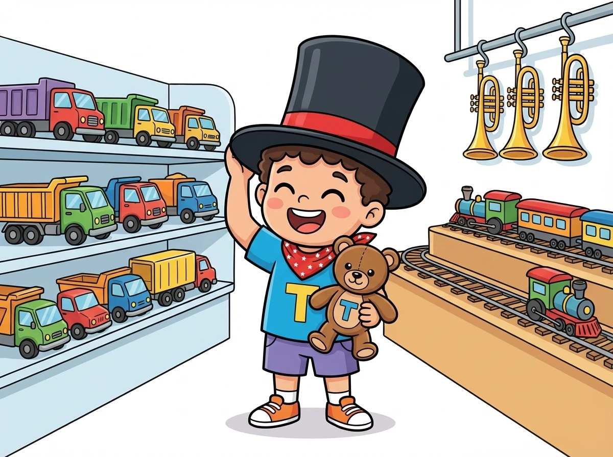 They saw toy trucks, toy trains, and toy trumpets. Timmy even tried on a top hat!