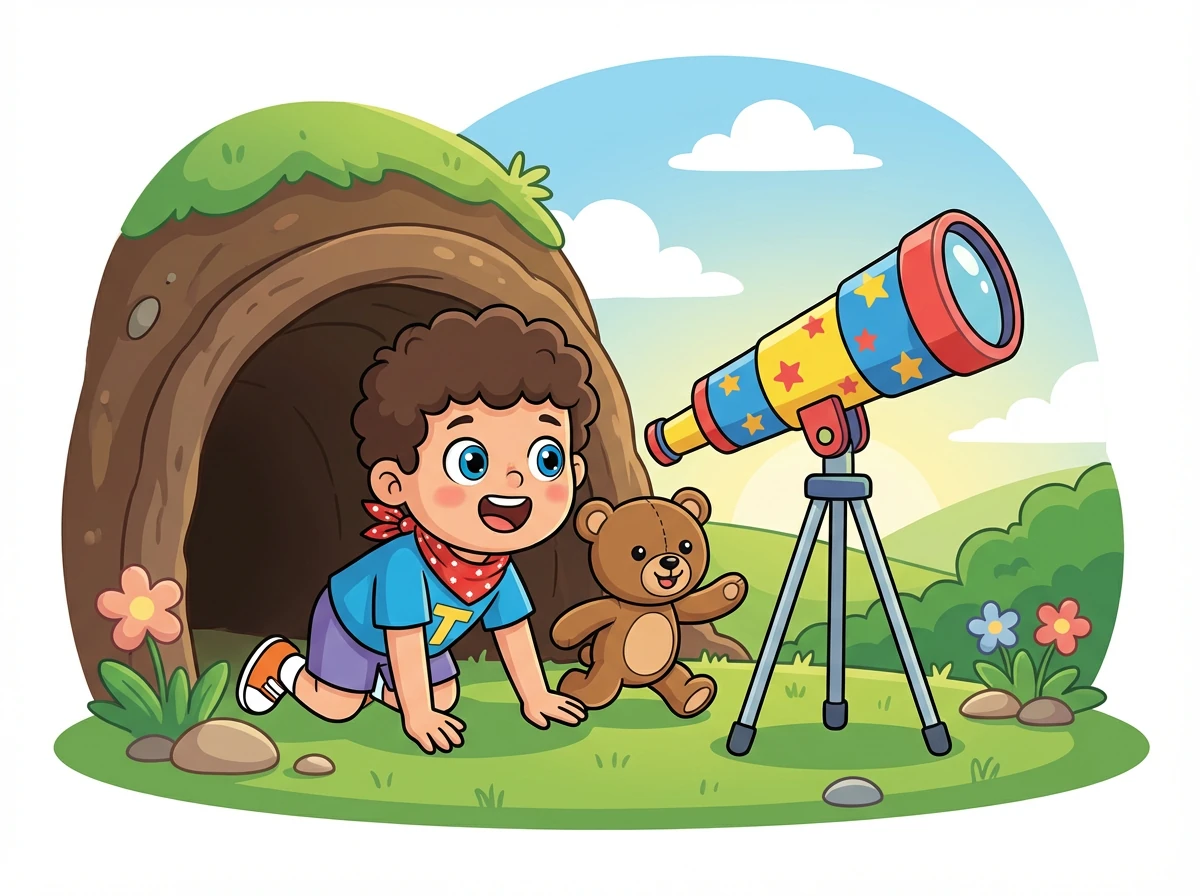 Timmy and Tess bravely crawled through the tunnel. At the end, they found a big, beautiful telescope!
