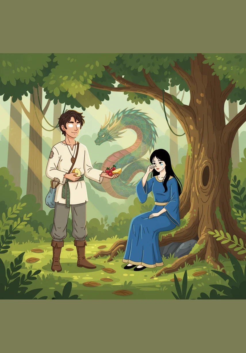 Gan walked through the emerald forest, the sunlight dancing between the leaves, when he stumbled upon a beautiful girl weeping beneath a great tree. Her name was Haku, a princess in silken robes, and though Gan was but a simple youth with one glowing white eye, he offered her comfort and the sweetness of wild fruits.