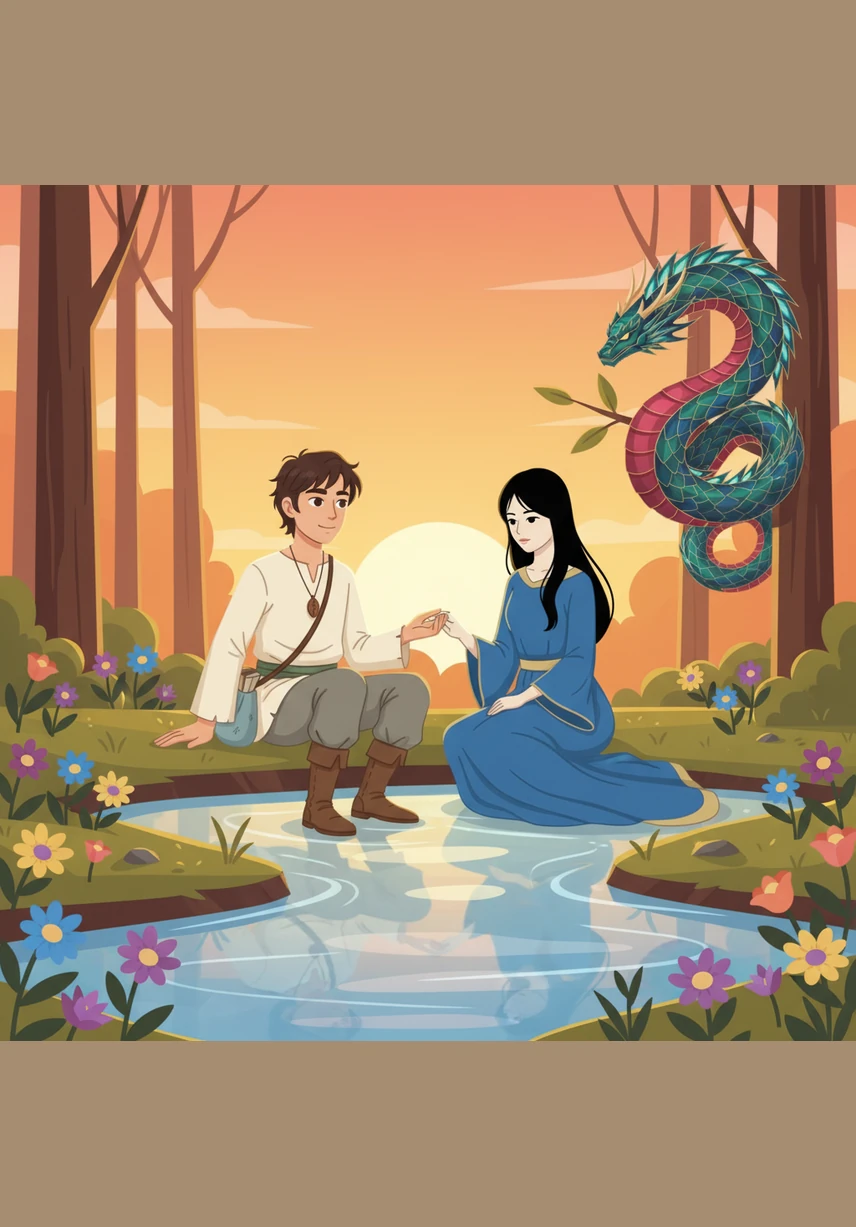 In the golden glow of the setting sun, Gan and Haku met secretly by a crystal stream where flowers bloomed in every shade of magic. They spoke of dreams and shared a bond that transcended their different worlds, their hands touching gently as the forest whispered its approval of their quiet love.