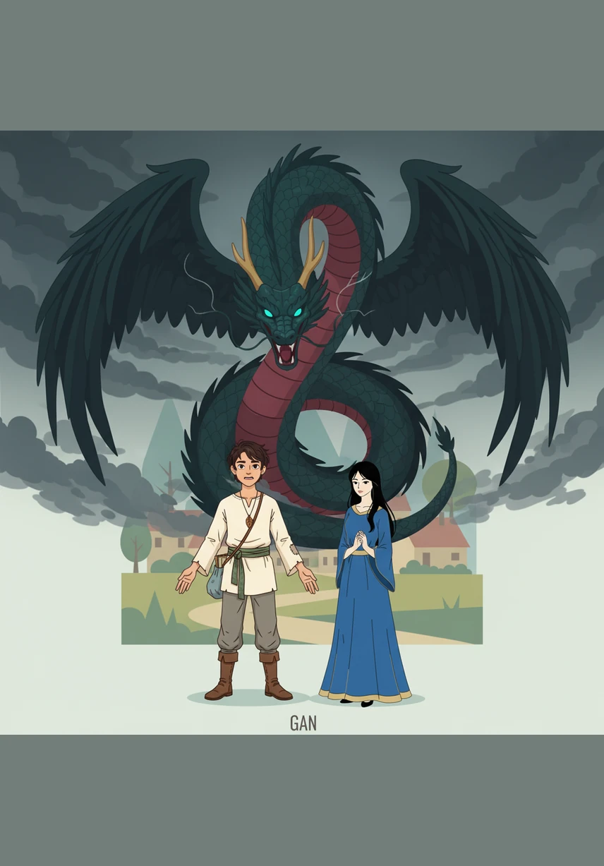 The peace was shattered when a monstrous shadow stretched across the mountains, and the terrifying Dragon Snake descended from the dark clouds. With massive wings and scales like obsidian, the beast roared a challenge that chilled the air, leaving Gan and Haku trembling in its wake.